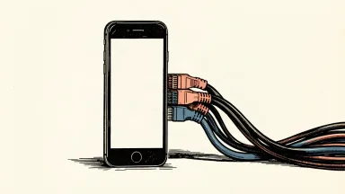 An editorial illustration showing a smartphone being connected to a heavy industrial network cable bundle.