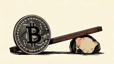 Bitcoin rising as Fed rate hike expectations fall: a Bitcoin coin on a lever lifting a heavy stone marked with a Federal Reserve seal.