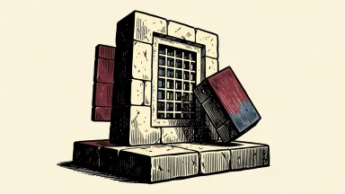 S&P 500 index reshuffle: two new stone slabs are inserted into a massive monument as a single slab is displaced and falls away.