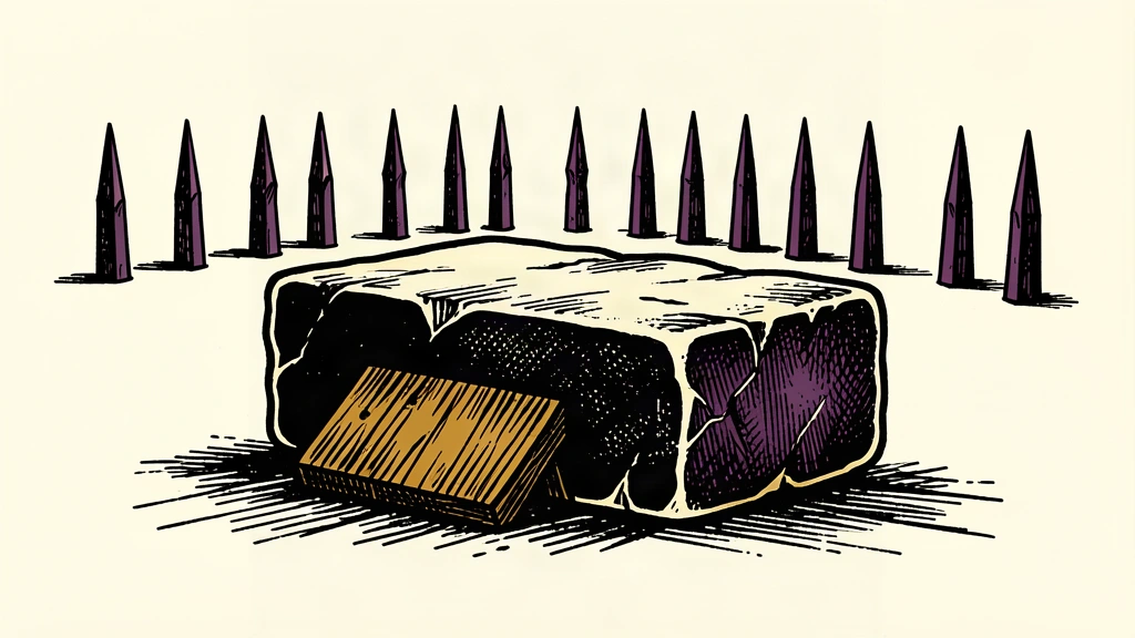 A sturdy wooden wedge holds back a massive stone block, preventing it from sliding toward a row of sharp iron spikes.