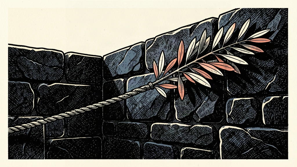 An editorial illustration showing a thick stone wall with an olive branch being pulled away by a taut rope, symbolizing a shift toward a tougher diplomatic stance.