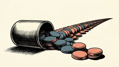 Pfizer dividend: a large pharmaceutical capsule pours out a long, continuous line of smooth circular discs representing a streak of consecutive payments.