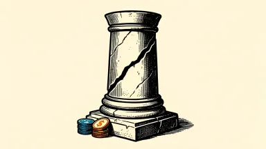 State Street shares fall as a cracked stone column and scattered gold coins suggest financial decline and investigation.