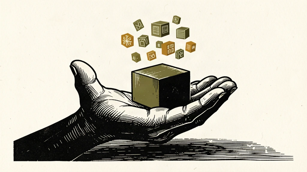 An editorial illustration showing a large hand balancing a solid block and floating digital tiles, representing the management of AI's impact on traditional labor.