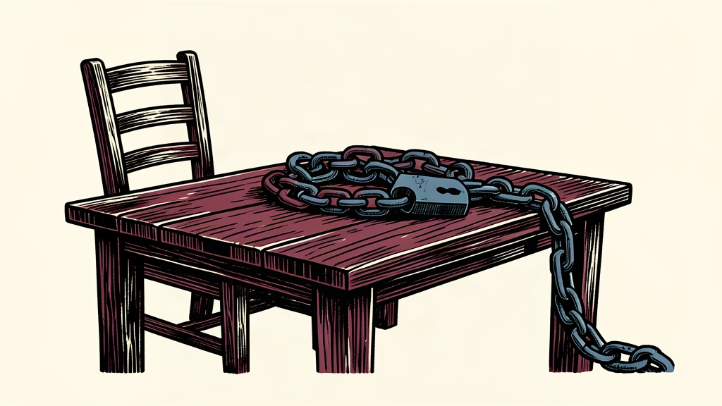 An editorial illustration showing an empty chair pushed away from a table where a heavy chain and padlock lie, symbolizing a refusal of a dependent partnership.