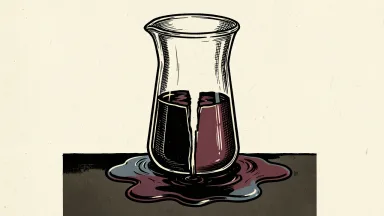 ArriVent BioPharma stock plunges: a glass laboratory beaker with a sharp crack at its base, leaking dark fluid onto a surface.