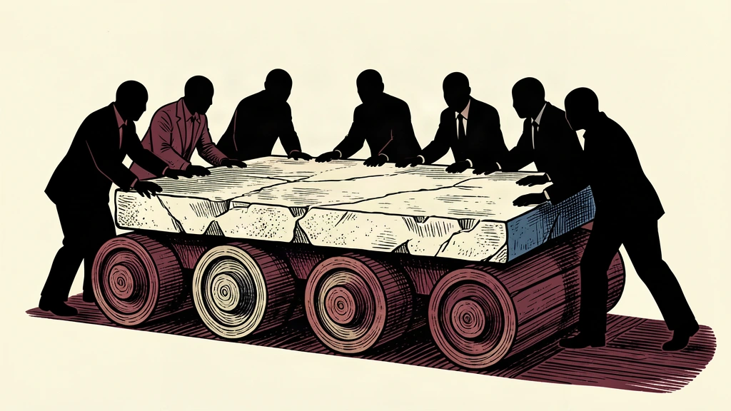 An editorial illustration showing a group of people working in unison to nudge a massive stone slab forward by a small, controlled increment.