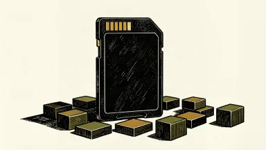An oversized SD memory card towers over a field of smaller rectangular blocks on an ivory background.