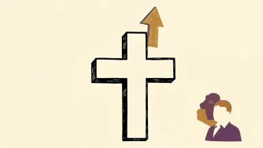 Humana is represented by a paper medical cross with a tall arrow beside it, indicating a raised price target.