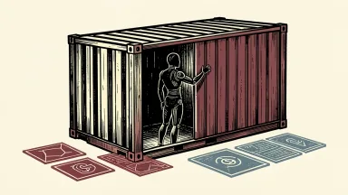 Microsoft AI security: a stylized AI agent silhouette is contained within a large industrial shipping container, separated from external data tiles.