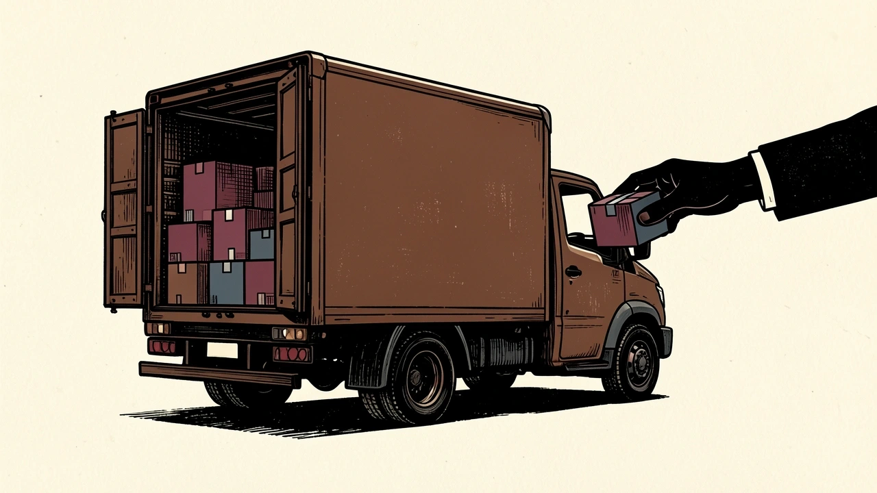 UPS seasonal hiring surge: a delivery truck with open doors being loaded with parcels by a silhouetted hand.