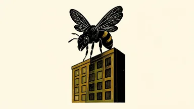 Bumble shares surge as a bee silhouette rises above a corporate block with an upward shadow.