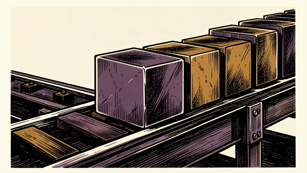 An editorial illustration of a heavy industrial conveyor belt where the flow of large metal blocks has suddenly slowed and bunched up, representing a manufacturing miss.