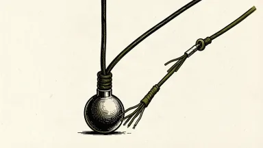 Comcast downgraded on broadband competition: a thick cable being pulled down by a heavy iron weight.