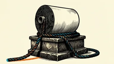 Kimberly-Clark credit rating outlook: a large industrial paper roll on a stone pedestal is bound by a taut rope pulling downward.