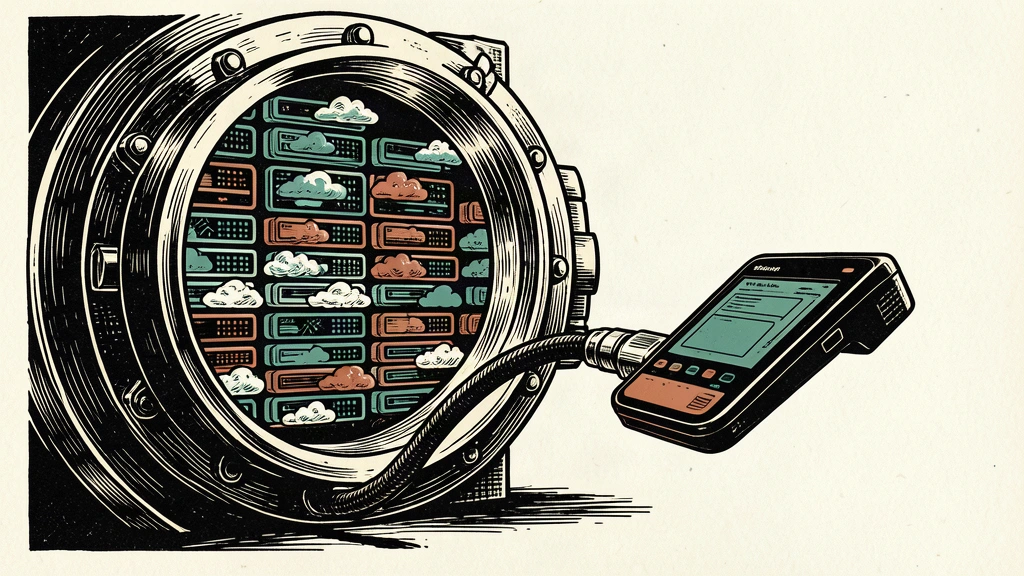 An illustration showing a large vault door opening to reveal cloud servers that power a small payment terminal.