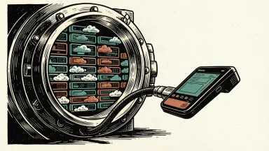 An illustration showing a large vault door opening to reveal cloud servers that power a small payment terminal.