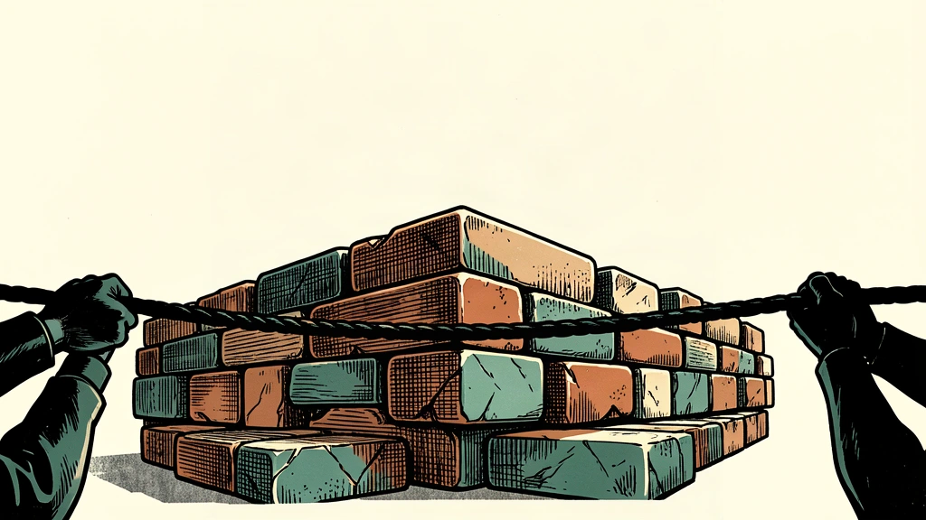 An editorial illustration showing a heavy stone wall being held in place by a taut rope, symbolizing a call for restraint.