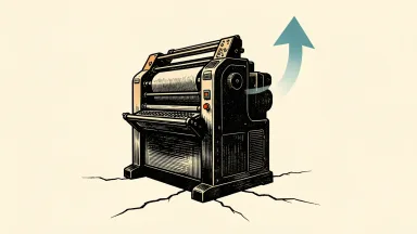 ASML's lithography machine with a ghostly upward arrow and a cracked base, representing a split gross margin outlook.