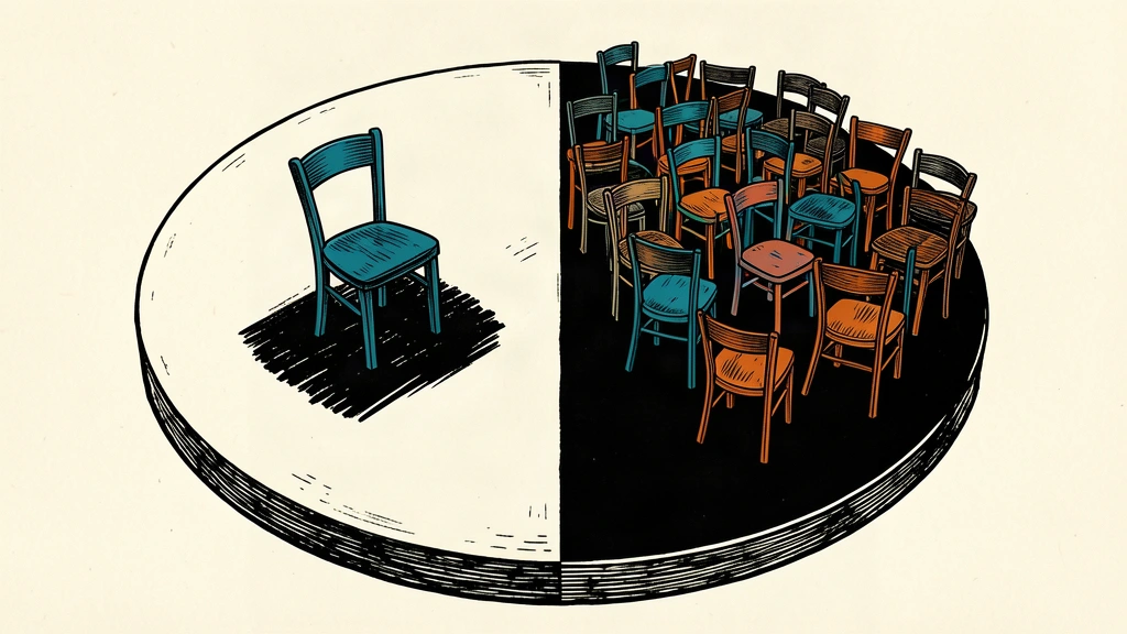 A conceptual illustration of global imbalances showing a large table with one side empty and the other side overcrowded with chairs.