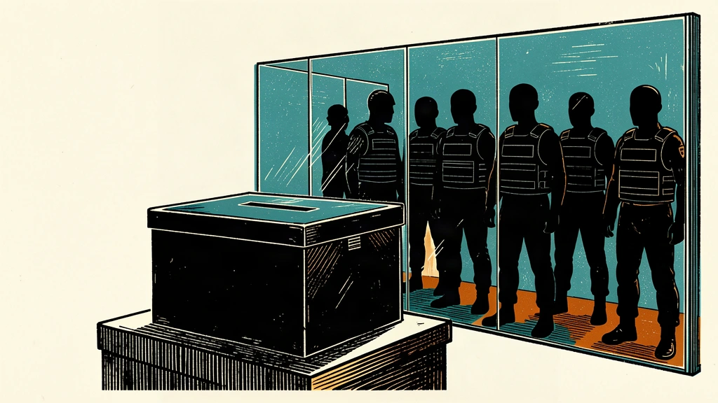 An editorial illustration showing a ballot box protected by a thick glass wall from approaching tactical silhouettes.