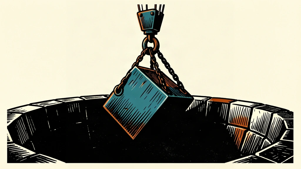 A heavy iron block being pulled upward out of a dark pit by a thick steel cable.