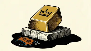 Gold rising as the dollar and Bitcoin slip: a gold bar with a crown icon sits high on a stone plinth while a dollar sign and Bitcoin symbol sink into the ground.