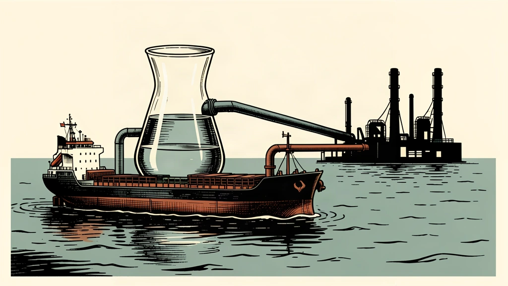 An editorial illustration of a tanker ship carrying a giant laboratory beaker to represent refined energy products.