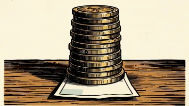 Goldman Sachs report on high-earners: a massive stack of gold coins sits precariously on top of a single thin paycheck.