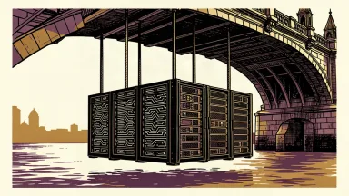 A heavy AI server rack is suspended by four taut cables from a Victorian stone bridge, representing Amazon's four-part sterling bond deal.