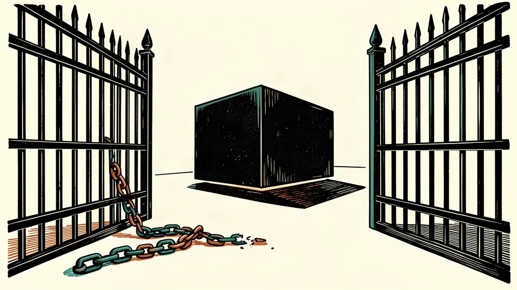 An editorial illustration showing a heavy gate with a broken chain, clearing a path for a large block to move forward.