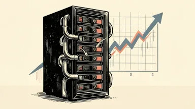 HPE infrastructure for Mizuho Securities: a liquid-cooled server rack with stylized pipes against a background of an abstract rising financial chart.