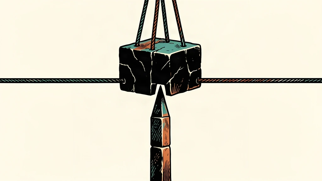 A conceptual illustration of a heavy stone block with a central notch being lowered by ropes to align precisely with a vertical pillar beneath a taut horizontal cable, symbolizing a midpoint fix.