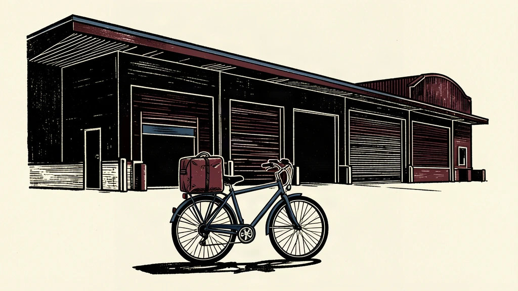 A conceptual illustration of a dark store and delivery service, showing a large windowless retail building behind a delivery bicycle.