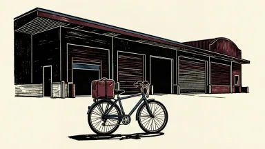 A conceptual illustration of a dark store and delivery service, showing a large windowless retail building behind a delivery bicycle.