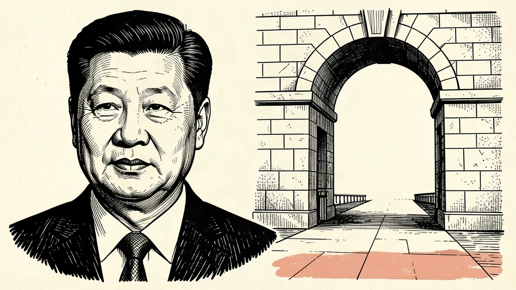 A black ink portrait of Xi Jinping next to a large stone archway representing a diplomatic entrance. Identity photo references adapted into illustration: Официальный веб-сайт Президента Российской Федерации (CC BY 4.0; https://creativecommons.org/licenses/by/4.0); source https://commons.wikimedia.org/wiki/File:Chinese_President_Xi_May_2024.jpg