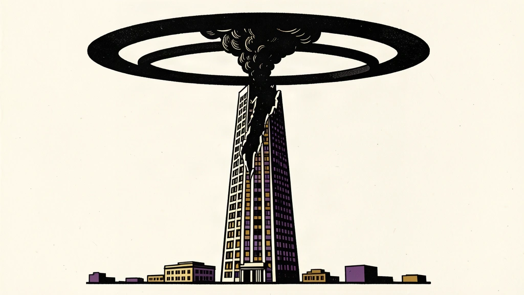 An editorial illustration of a skyscraper with a smoke plume at its peak, surrounded by a thick black ring representing a no-fly zone.