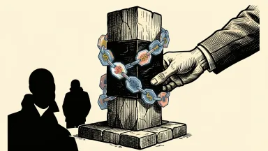 Broadcom, Verizon, and UnitedHealth object to SEC tokenized stock plans: a solid corporate pillar is shielded from a digital chain of tokens by a heavy barrier.