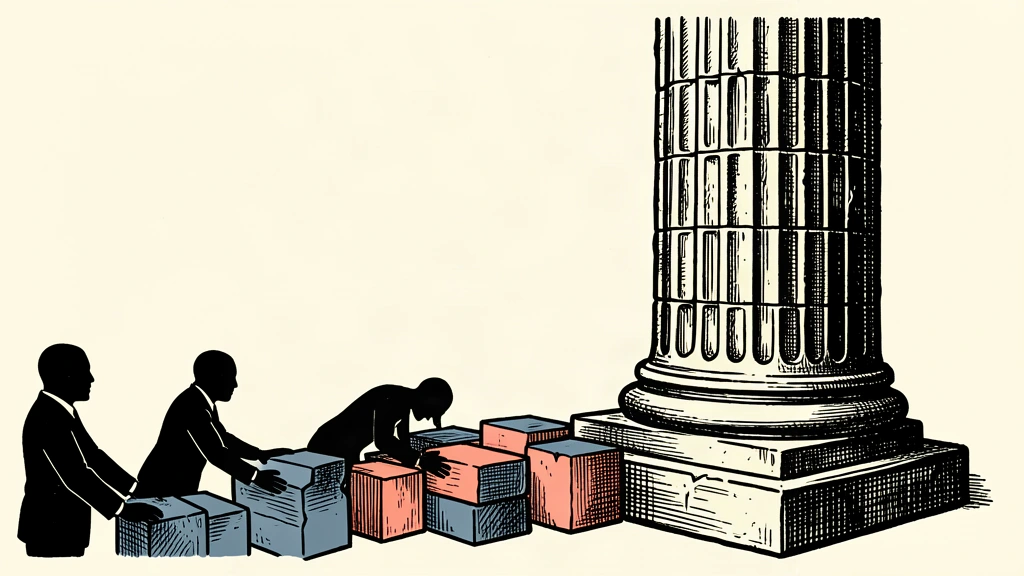 An editorial illustration showing a large stone pillar being supported by a new row of foundation blocks being slid into place.