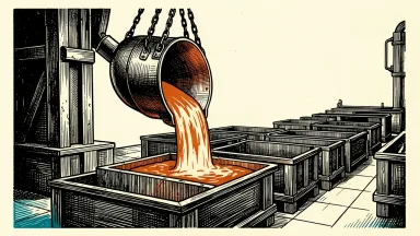 Cleveland-Cliffs Q4 EBITDA guidance: a large industrial ladle pouring molten steel into a row of molds in a factory.