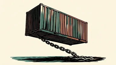 C.H. Robinson shares under pressure from the RXO acquisition: a large shipping container tilted and strained by a heavy iron chain representing debt leverage.