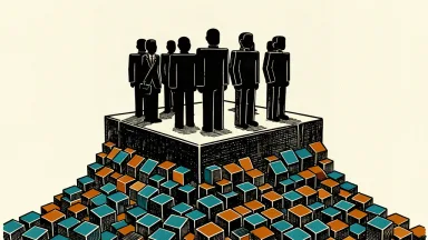 Ten blocky silhouettes stand on a large platform as a flood of digital tiles pours out from beneath them.