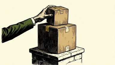eBay price target raised by Morgan Stanley: a hand stacks a shipping box onto another on a stone pedestal.