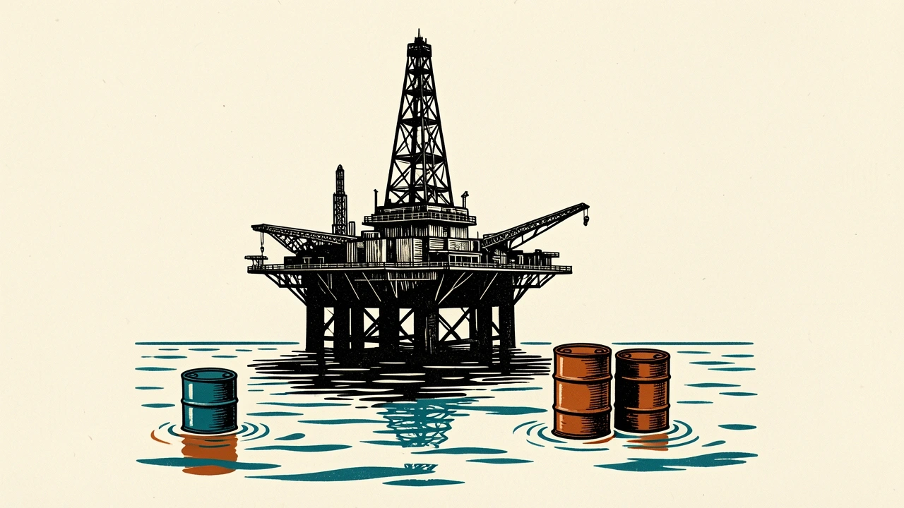 An offshore oil platform with a small group of floating barrels illustrates the Gulf of Mexico production shut-in.