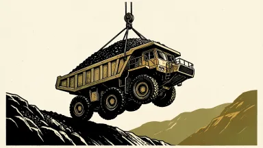 Rio Tinto upgraded by RBC: a heavy mining truck filled with iron ore is lifted by a pulley system from a low rocky ledge to a higher plateau.