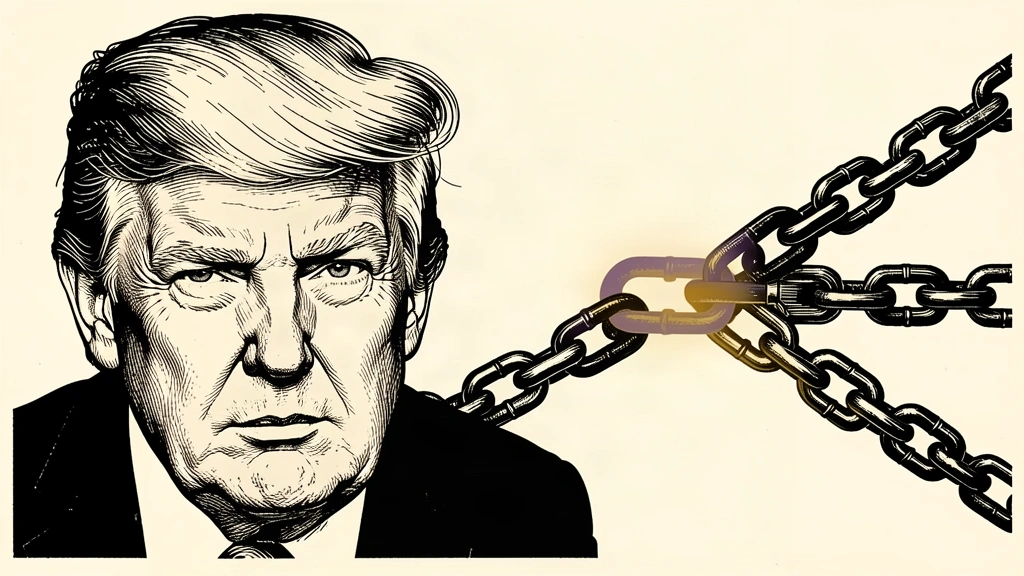 A portrait of Donald Trump next to two heavy chains being joined by a final glowing link. Identity photo references adapted into illustration: Daniel Torok (Public domain; https://commons.wikimedia.org/wiki/File:Official_Presidential_Portrait_of_President_Donald_J._Trump_(2025).jpg); source https://commons.wikimedia.org/wiki/File:Official_Presidential_Portrait_of_President_Donald_J._Trump_(2025).jpg