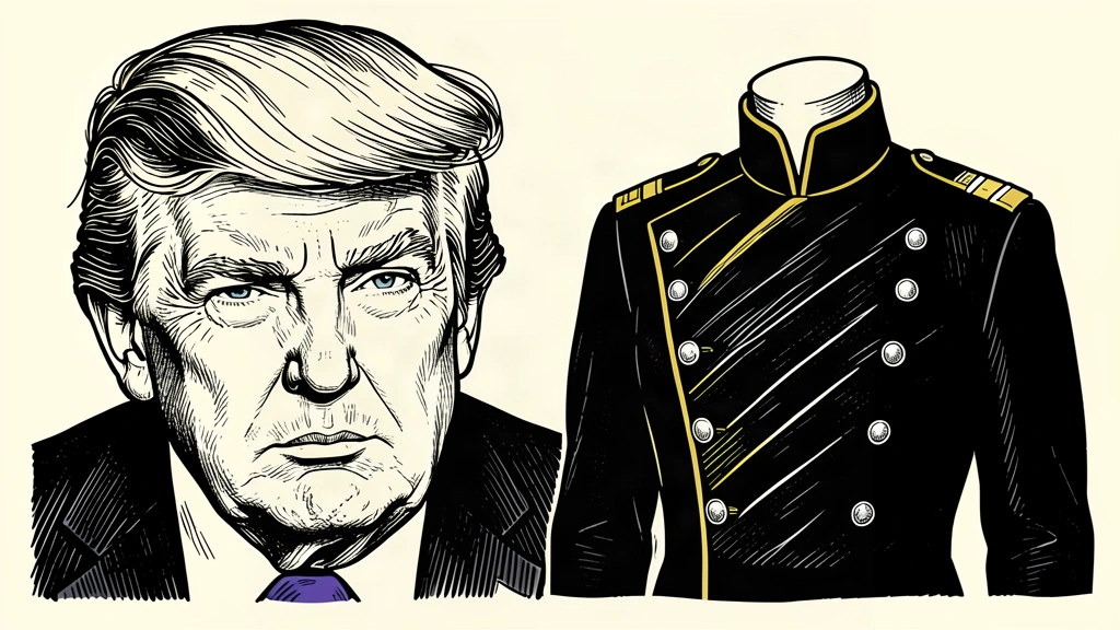 An editorial illustration showing Donald Trump next to a redesigned military uniform jacket on a mannequin. Identity photo references adapted into illustration: Daniel Torok (Public domain; https://commons.wikimedia.org/wiki/File:Official_Presidential_Portrait_of_President_Donald_J._Trump_(2025).jpg); source https://commons.wikimedia.org/wiki/File:Official_Presidential_Portrait_of_President_Donald_J._Trump_(2025).jpg