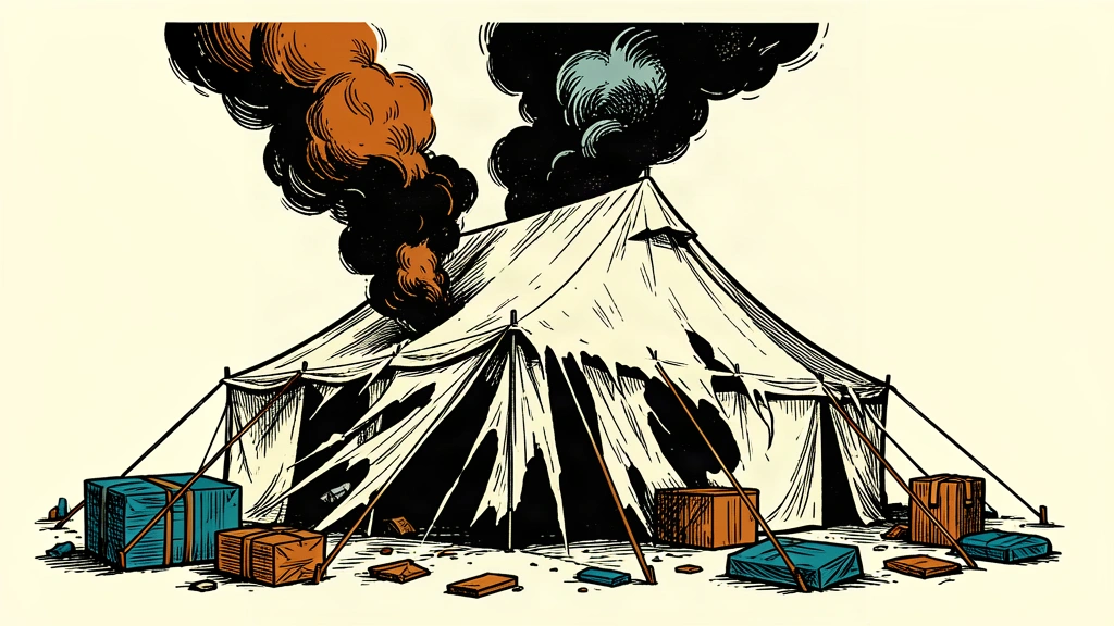 An editorial illustration of a shredded tent with smoke rising from a central rupture, representing the reported shelling in Khan Yunis.