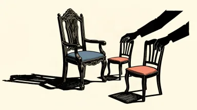 A conceptual illustration of leadership succession showing a large central chair and the placement of a new, adjacent seat.
