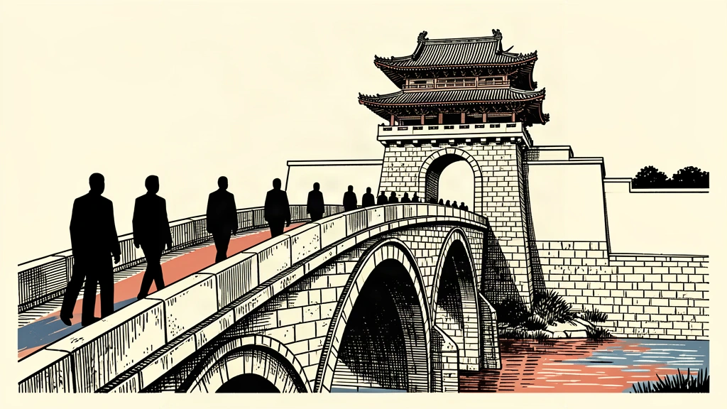 A conceptual illustration of a delegation crossing a stone bridge toward a traditional gatehouse, representing a diplomatic visit.